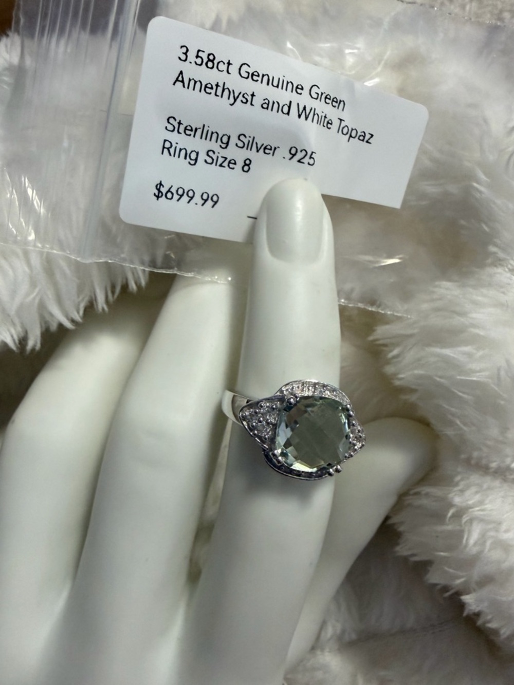 Genuine Green Amethyst and White Topaz Ring Sterling Silver Size 8 - Picture 9 of 9